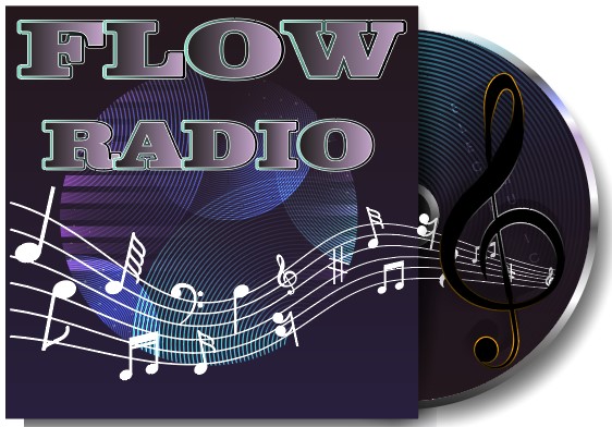 Logotipo de aspecto musical y moderno. En el centro de la imagen sobre un fondo oscuro con efectos de círculos y líneas en azul y violeta, aparece un recuadro con la frase “FLOW RADIO” escrita en letras grandes y gruesas, con un degradado en tonos claros, bordes azules y rosa. 

Sobre el fondo, cruza una partitura con notas musicales blancas que le aporta dinamismo al diseño. Al lado derecho asoma parte de un disco de vinilo negro con una clave de sol dorada muy visible. El conjunto transmite una temática claramente relacionada con la música y la radio.
